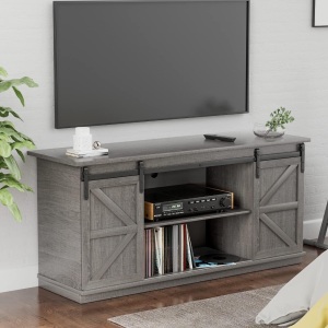 YESHOMY TV Stand for Televisions up to 65 Inchs, with Sliding Barn Doors and Storage Cabinets, Console Table and Media Furniture for Living Room, 58 Inch, Gray 