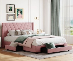 Queen Upholstered Platform Bed w/ 3 Drawers (Pink)