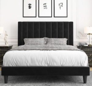 Queen Bed Frame/Velvet Upholstered Bed Frame with Vertical Channel Tufted Headboard