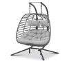 2-Person 500 lbs. Gray Wicker Double Swing Egg Chair with Black Stand and Gray Cushions 