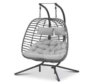 2-Person 500 lbs. Gray Wicker Double Swing Egg Chair with Black Stand and Gray Cushions 