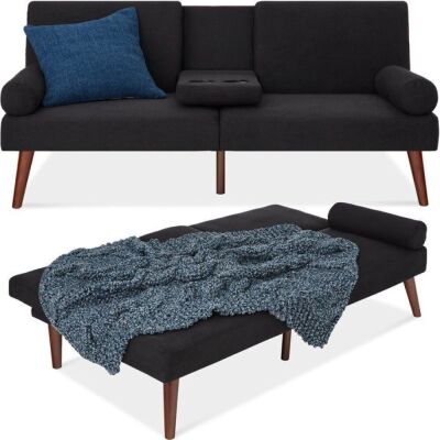 Fabric Upholstered Convertible Futon w/ Rounded Armrests, 2 Cupholders