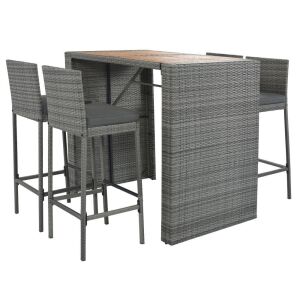 5-Piece Outdoor Patio Wicker Bar Set, Brown Wood & Gray Wicker