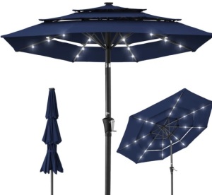 3-Tier Solar Patio Umbrella w/ LED Lights, Tilt Adjustment, Crank - 10ft