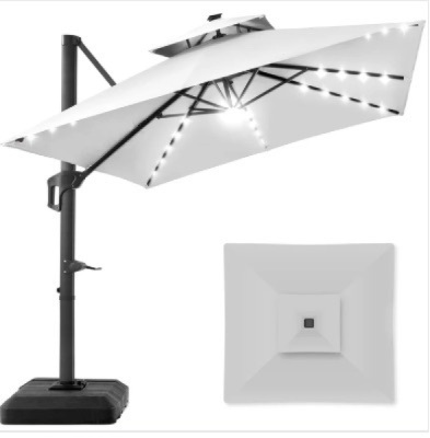 2-Tier Square LED Cantilever Offset Umbrella w/ 360 Rotation, Base - 10x10ft