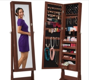 Full Length Freestanding Jewelry Mirror Armoire w/ Velvet Interior