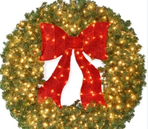 Pre-Lit Artificial Fir Christmas Wreath w/ Red Bow, LED Lights-4' tall