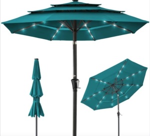 3-Tier Solar Patio Umbrella w/ LED Lights, Tilt Adjustment, Crank - 10ft