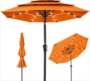 3-Tier Solar Patio Umbrella w/ LED Lights, Tilt Adjustment, Crank - 10ft