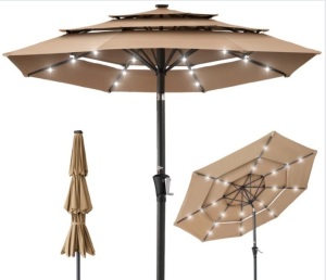 3-Tier Solar Patio Umbrella w/ LED Lights, Tilt Adjustment, Crank - 10ft