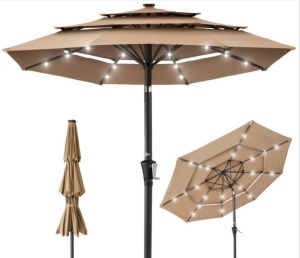 3-Tier Solar Patio Umbrella w/ LED Lights, Tilt Adjustment, Crank - 10ft