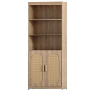 5 Shelf Storage Bookcase with Rattan Doors and Adjustable Shelf