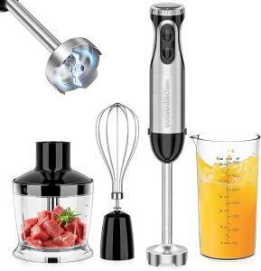 Bonsenkitchen Immersion Blender, 20 Variable Speeds & Turbo, 4-In-1 Stainless Steel Handheld Blender Stick Mixer with Egg Whisk, Beaker & Chopper Bowl 