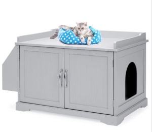 Large Wooden Cat Litter Box Enclosure & Storage Cabinet w/ Magazine Rack