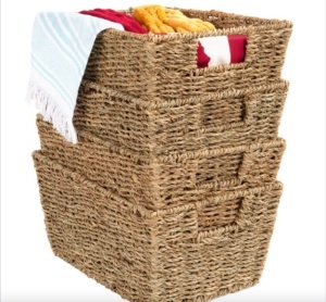 Set of 4 Seagrass Storage Tote Baskets, Laundry Organizer w/ Insert Handles