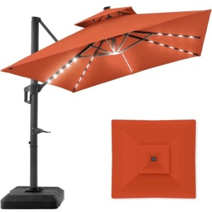 2-Tier Square LED Cantilever Offset Umbrella w/ 360 Rotation, Base - 10x10ft