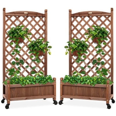 Set of 2 Wood Planter Box & Lattice Trellis w/ Optional Wheels - 48in