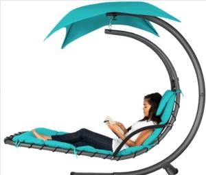 Hanging Curved Chaise Lounge Chair w/ Built-In Pillow, Removable Canopy