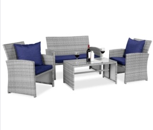 4-Piece Outdoor Wicker Conversation Patio Set w/ 4 Seats, Glass Table Top