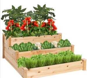 3-Tier Raised Fir Wood Garden Bed Planter w/ Stackable & Flat Setup