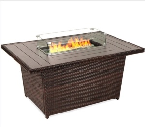 Wicker Propane Fire Pit Table, 50,000 BTU w/ Glass Wind Guard, Cover - 52in