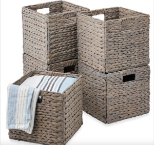 Set of 5 Collapsible Hyacinth Storage Baskets w/ Inserts - 13x13in