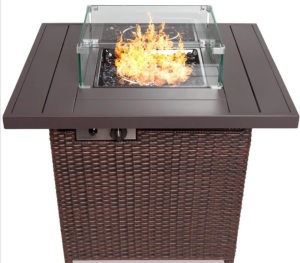 32in Fire Pit Table 50,000 BTU Wicker Propane w/ Wind Guard, Cover