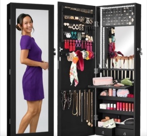 Door/Wall Mount Mirror Jewelry Cabinet Armoire w/ Inside Mirror, LED Lights