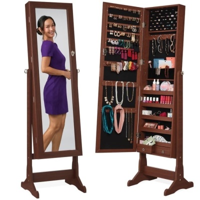 Full Length Freestanding Jewelry Mirror Armoire w/ Velvet Interior