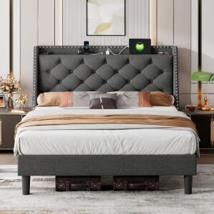 iPormis Full Upholstered Platform Bed Frame with 16" Deluxe Wingback, USB & Type-C Ports, Solid Wood Slats Support, No Box Spring Needed, Dark Grey 