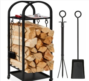 3-Tier Wrought Iron Firewood Log Rack w/ 4-Piece Tool Set, Wheels - 4ft