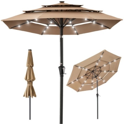 3-Tier Solar Patio Umbrella w/ LED Lights, Tilt Adjustment, Crank - 10ft