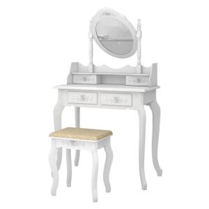 White Wood Vanity Makeup Table with Mirror & Stool