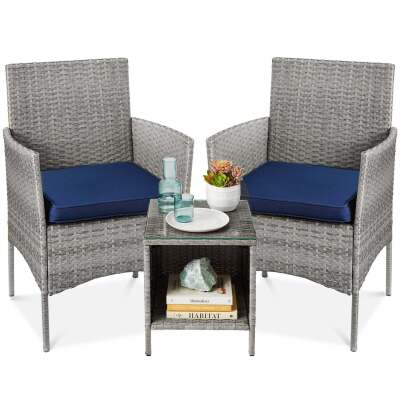 3-Piece Outdoor Patio Wicker Bistro Set w/ Side Storage Table