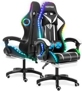 HOFFREE Gaming Chair with Bluetooth Speakers and RGB Led Lights Ergonomic Computer Gaming Chair with Massage Lumbar Support and Footrest High Back Video Game Chair White and Black  