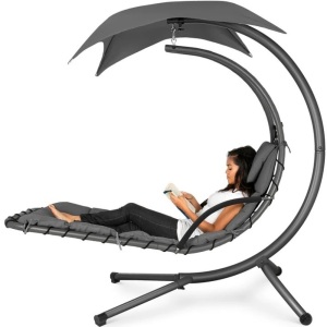 Hanging Curved Chaise Lounge Chair w/ Built-In Pillow, Removable Canopy 73"(L) x 46"(W) x 78"(H