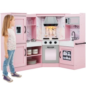 Pretend Play Corner Kitchen Wooden Toy Set for Kids w/ 6 Accessories  57"(L) x 24"(W) x 37.5"(H)