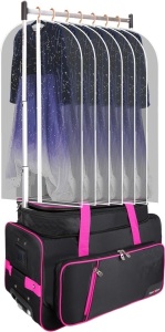 Heendzoo Dance Bag With Garment Rack,Dance Costumes Rolling Garment Bags For Travel,Garment Duffle Bag For Dance Competition, Wheeled Drop-Bottom Upright Luggage Closet Suitcase (23inch-Pro-Pink) 