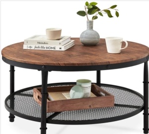 2-Tier Round Industrial Wood & Steel Coffee Table, Storage Shelves - 35.5in