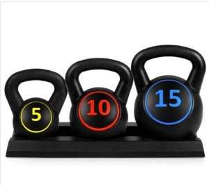 3-Piece Kettlebell Exercise Fitness Weight Set w/ Storage Rack