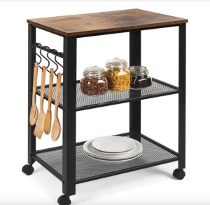 3-Tier Microwave Cart Rolling Utility Serving Cart w/ 2 Shelves, 4 Hooks