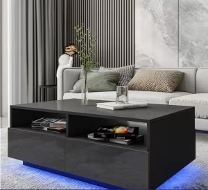 37.4 in. Black Rectangle MDF LED Coffee Table with 4 Storage Drawers with 2 Open Shelves