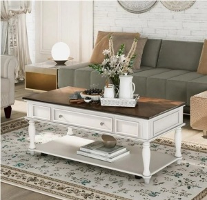 White Retro Table Coffee Table with Movable Caster Wheels for Living Room