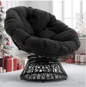 Ergonomic Wicker Papasan Chair with Soft Thick Density Fabric Cushion, High Capacity Steel Frame, 360 Degree Swivel for Living, Bedroom, Reading Room, Lounge, Onyx Stone - Black Base