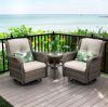 3-Piece Wicker Patio Swivel Outdoor Rocking Chair Set with Beige Cushions and Table 