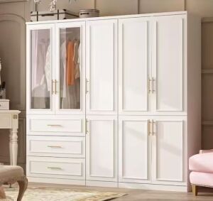 3-Combination White Wood 79.1 in. W 8-Door Big Armoires with Hanging Rods, Drawers, Shelves 74.8 in. H x 19.3 in. D 