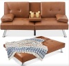 Faux Leather Upholstered Convertible Sofa Bed Futon w/ 2 Cupholders