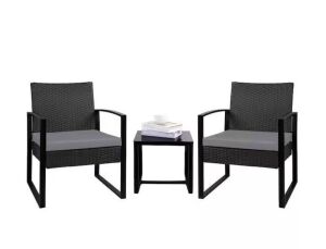 Black 3-Piece Outdoor Wicker Patio Furniture Set with Gray Cushion