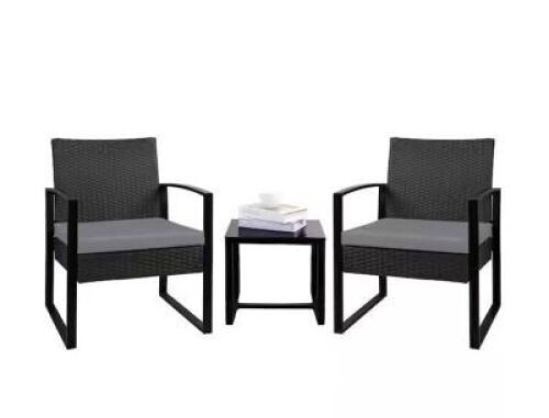Black 3-Piece Outdoor Wicker Patio Furniture Set with Gray&nbsp;Cushion