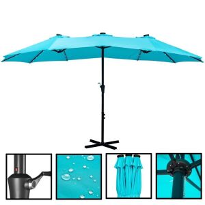 15ft Double-Sided Outdoor Rectangle Patio Umbrella with Solar Lights